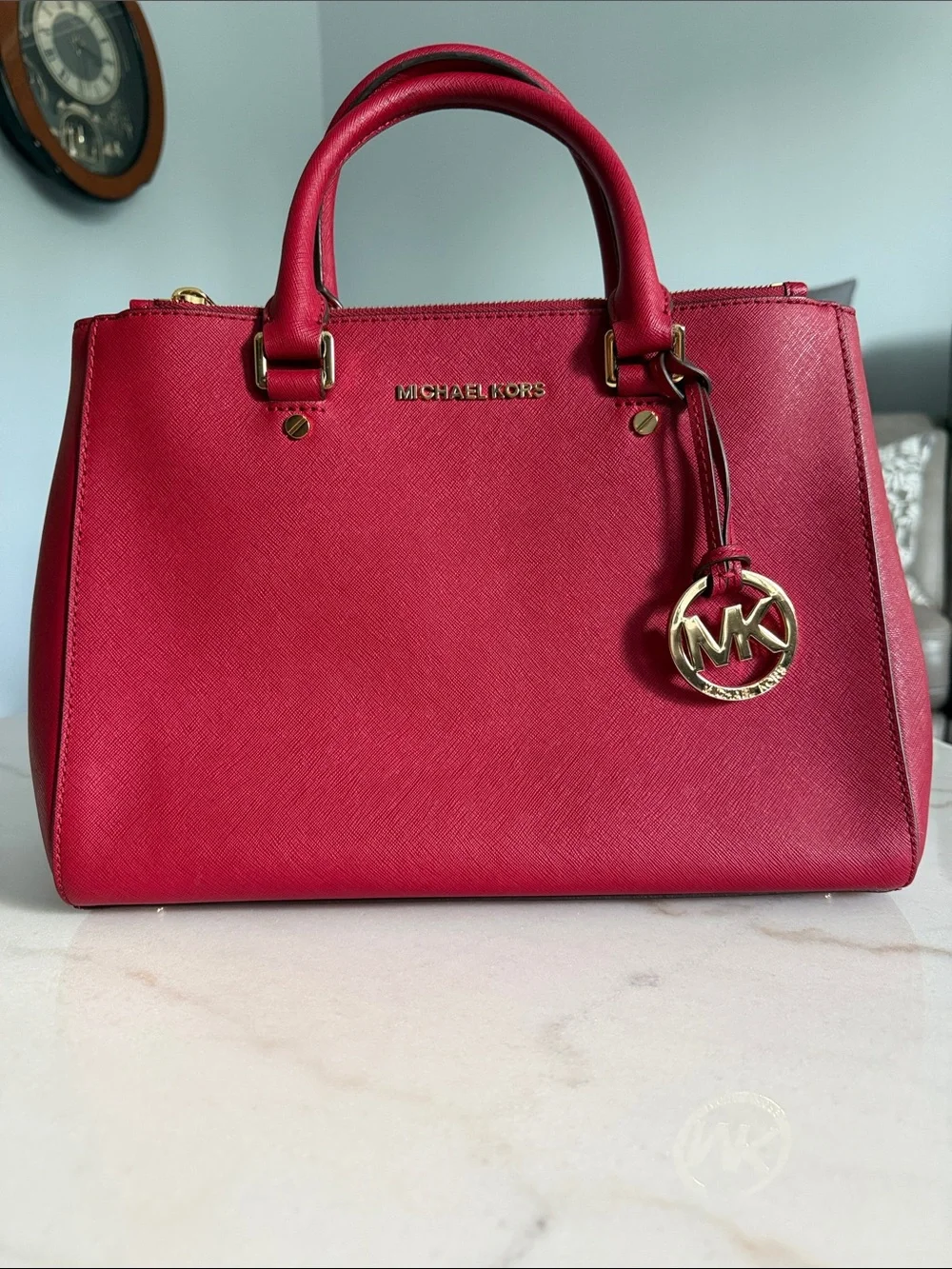 Michael Kors Cherry Red Saffiano Satchel with Gold Hardware